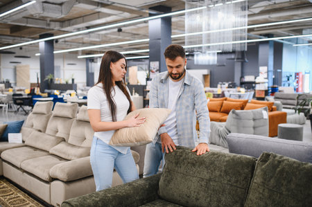 Young couple comparing upholstery swatches and comfort, selecting new sofa for their home in a large furnishing showroomの写真素材