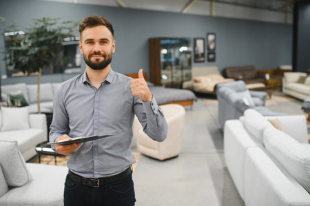 Male salesperson holding clipboard and giving thumbs up, recommending products in a modern furniture showroomの写真素材