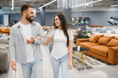 Young couple arm in arm browsing modern furniture showroom, smiling as they choose sofas and home decor for their new homeの写真素材