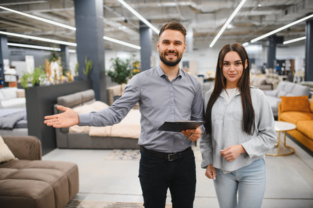 Male salesperson explaining products to female customer browsing for new furniture in a modern showroomの写真素材