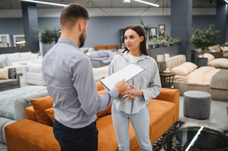 Female customer discussing home design with a sales consultant, choosing new furniture for living spaceの写真素材