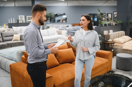 Woman customer and male sales consultant discussing sofa options in a modern furniture showroom, smiling and pointing at design choicesの写真素材