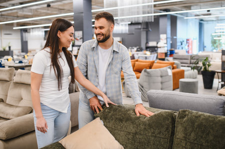 Happy couple touching sofa fabric in a furniture showroom. They are making decisions for furnishing a new homeの写真素材
