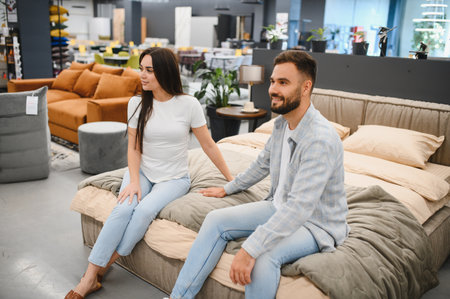 Young couple sitting on a display bed, looking around a modern furniture store, making decisions for their new homeの写真素材