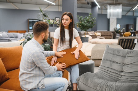Young couple shopping for new stylish furniture and pillows in a modern retail showroom, decorating their new apartmentの写真素材
