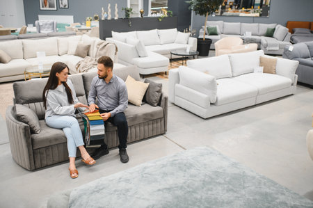 Customer and sales consultant discussing upholstery options for a new sofa in a modern furniture showroomの写真素材