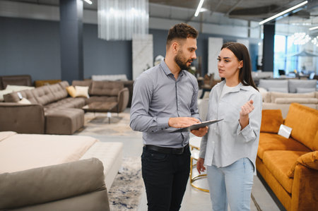Male sales consultant assisting a female customer in a modern furniture showroom, discussing options and pointing at detailsの写真素材