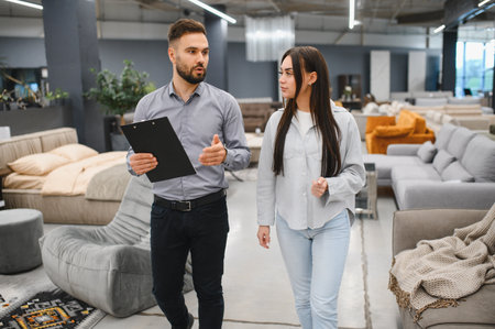 Male sales consultant guiding a female client through a modern furniture showroom, discussing options and offering expert adviceの写真素材