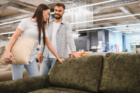 Young couple exploring a furniture store, choosing a new sofa for their home, making a decision on home decorの写真素材