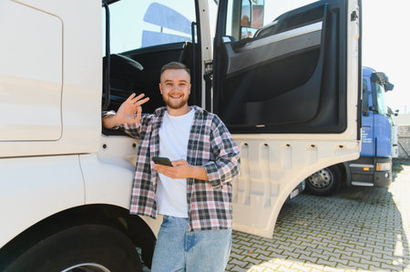 Happy young man, a truck driver, standing next to his delivery truck and holding a smartphone while making an ok hand gestureの写真素材