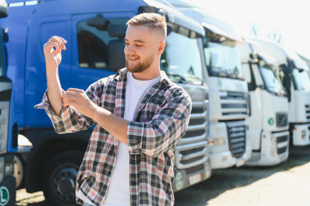 Young man rolling up shirt sleeves, getting ready for work in front of a modern logistics truck fleetの写真素材