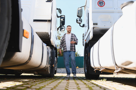 Young happy man, a professional truck driver or logistics worker, walking between two parked semi trucks at a transport baseの写真素材