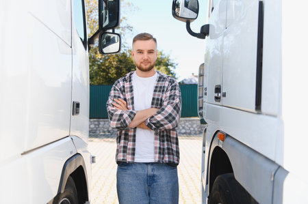 Male truck driver wearing plaid shirt and jeans standing confidently with arms crossed between two...