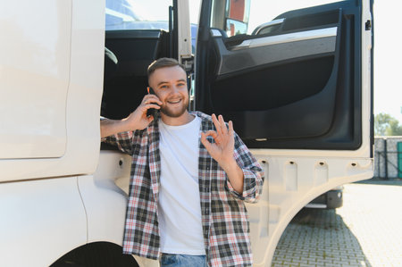 Young man, a professional truck driver, smiling and having a phone conversation while standing by his vehicleの写真素材