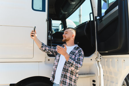 Young man standing next to a semi truck making a video call or recording a selfie video with his...