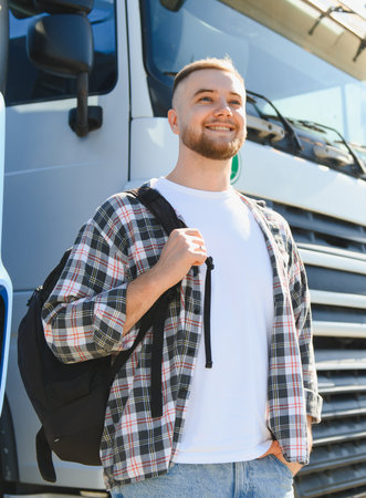 Young man smiling, carrying backpack, standing outdoors near a truck. Representing travel,...