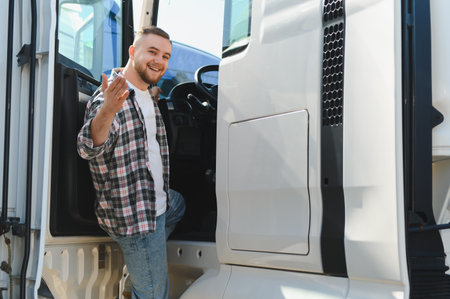 Young man, a professional truck driver, smiling while getting into the cab of his white semi truck....