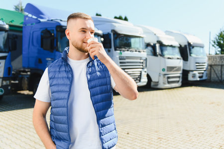 Young driver standing in a truck parking lot, drinking coffee and smiling, taking a break from long haul journeyの写真素材