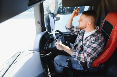Male truck driver shouting and showing frustration while stuck in traffic, expressing anger and stress on the roadの写真素材