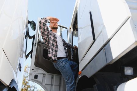 Truck driver looking into distance, hand shielding eyes from sun while standing in the cabin door of a semi truckの写真素材