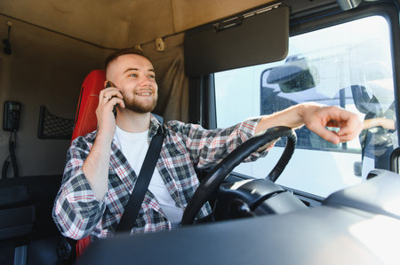 Smiling man driving truck and talking on phone, engaged in work and mobile communication. Logistics...