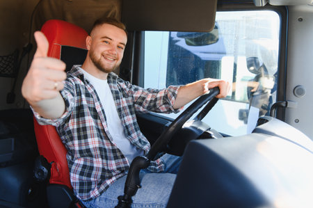 Professional truck driver smiling, giving a thumbs up gesture, and sitting in the cabin of a...