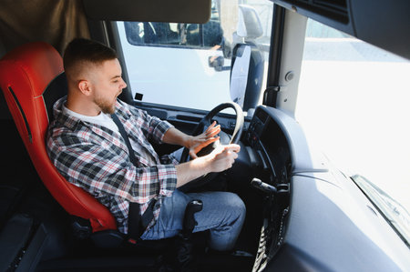 Young man driving a semi truck, experiencing road rage and honking the horn in frustration. Stressful traffic momentの写真素材