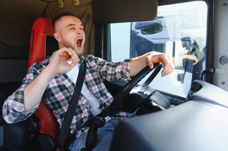 Truck driver yawning while behind the steering wheel, experiencing fatigue and drowsiness, highlighting transportation safety concernsの写真素材