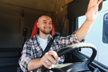 Professional truck driver smiling and greeting from the cabin of a commercial vehicle. Happy man on the road workingの写真素材