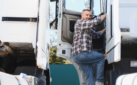 Young man climbing into a truck cabin, ready for a long haul journey, depicting a modern transport...