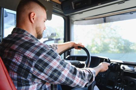 Professional truck driver man operating steering wheel inside cabin, driving for logistics and...