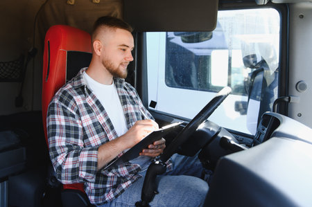 Professional young truck driver in cabin filling in essential freight documents, managing important logisticsの写真素材