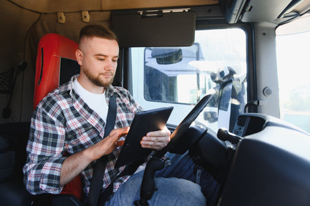 Professional male truck driver navigating with a digital tablet, managing logistics and freight...
