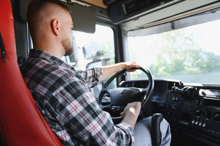 Truck driver navigating a large commercial vehicle, delivering goods and managing logistics for business transportationの写真素材
