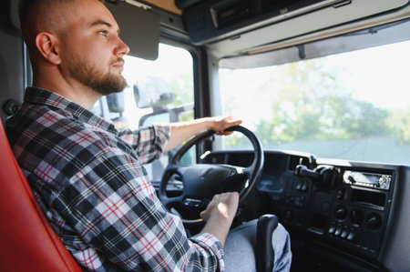 Young man driving heavy goods truck, transporting cargo on a long haul journey. Professional occupation and logistics conceptの写真素材