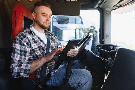 Man in plaid shirt operating digital tablet inside truck cabin, managing logistics and...