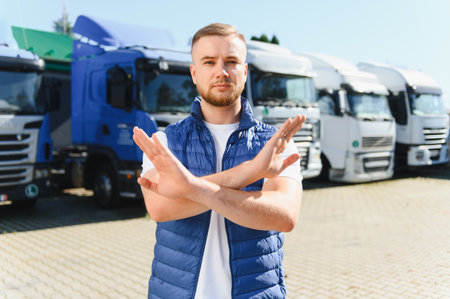 Young male lorry driver crossing arms, showing stop, refusal, or protest gesture, standing in front...