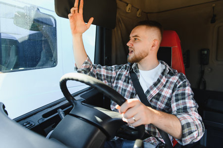 Young man driving a truck, showing frustration or anger with an exasperated gesture during a traffic...