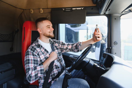 Young truck driver smiling and taking a selfie in the cab while wearing a seatbelt, showing...
