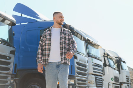 Young male truck driver smiling, walking along a line of trucks, representing logistics and transportation business conceptの写真素材