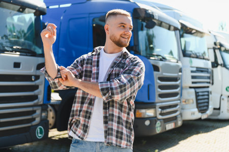 Happy truck driver smiling in front of his fleet of trucks, rolling up sleeve, getting ready for the dayの写真素材