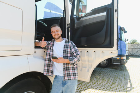 Smiling male truck driver standing by truck, giving thumbs up, holding smartphone, representing...