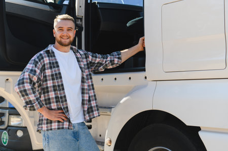 Confident young man smiling, wearing a flannel shirt, standing besides a white semi truck....