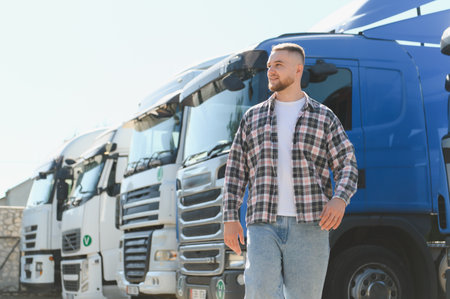 Young man, a professional truck driver, smiling while standing next to his commercial vehicle fleet,...
