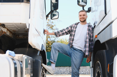 Young man standing by a commercial truck, holding the door handle and stepping up. Happy professional working in logisticsの写真素材