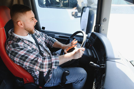 Truck driver honking horn, shouting in stress and panic, reacting to a dangerous situation on the...