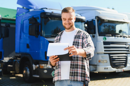 Young man, a truck driver, smiling and reviewing delivery documents on a clipboard against a background of parked trucksの写真素材