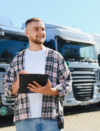 Young male truck driver holding a clipboard, writing a checklist, and looking away with trucks in...