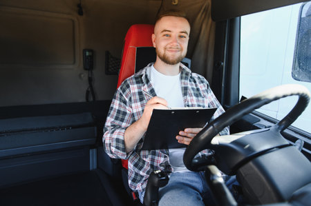 Young man, a truck driver in the cab of his semi truck, smiling and writing on a clipboard, representing logistics and transportの写真素材
