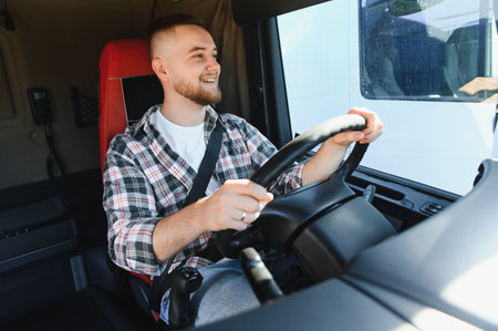 Professional bearded man driving commercial vehicle, smiling confidently while transporting goods,...